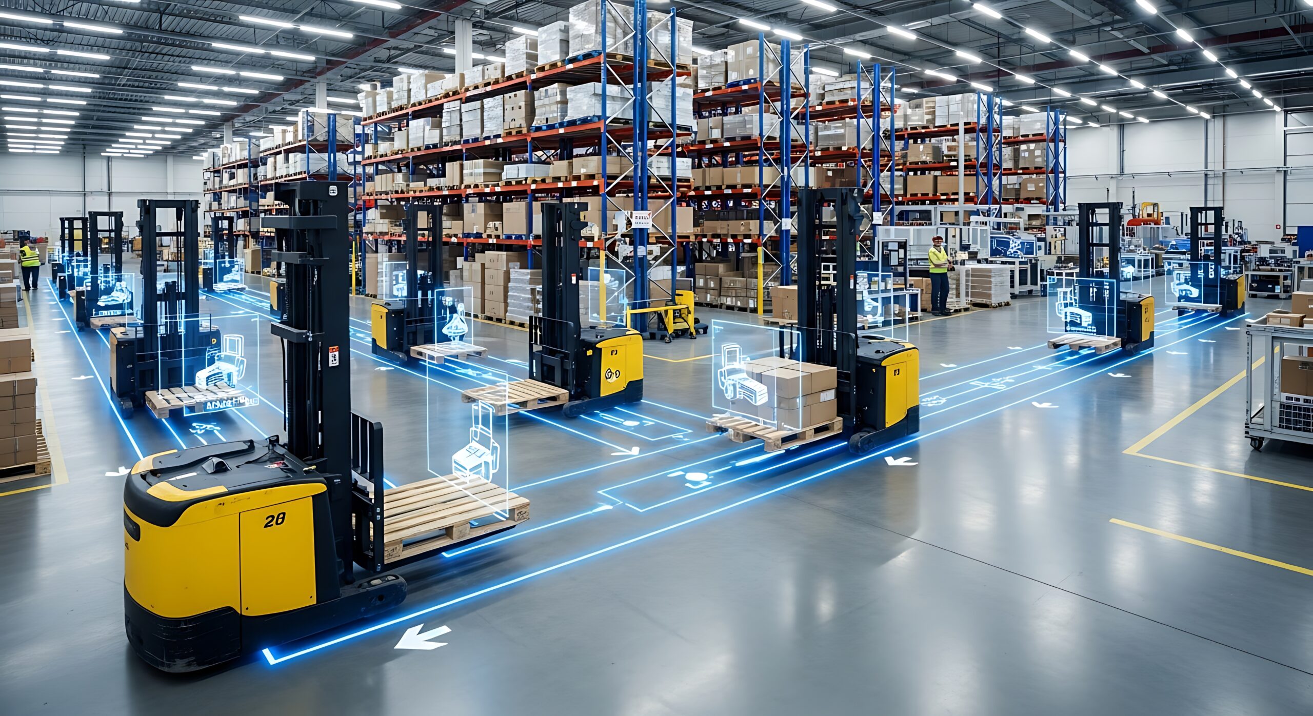 Automated warehouse with robotic forklifts in operation.