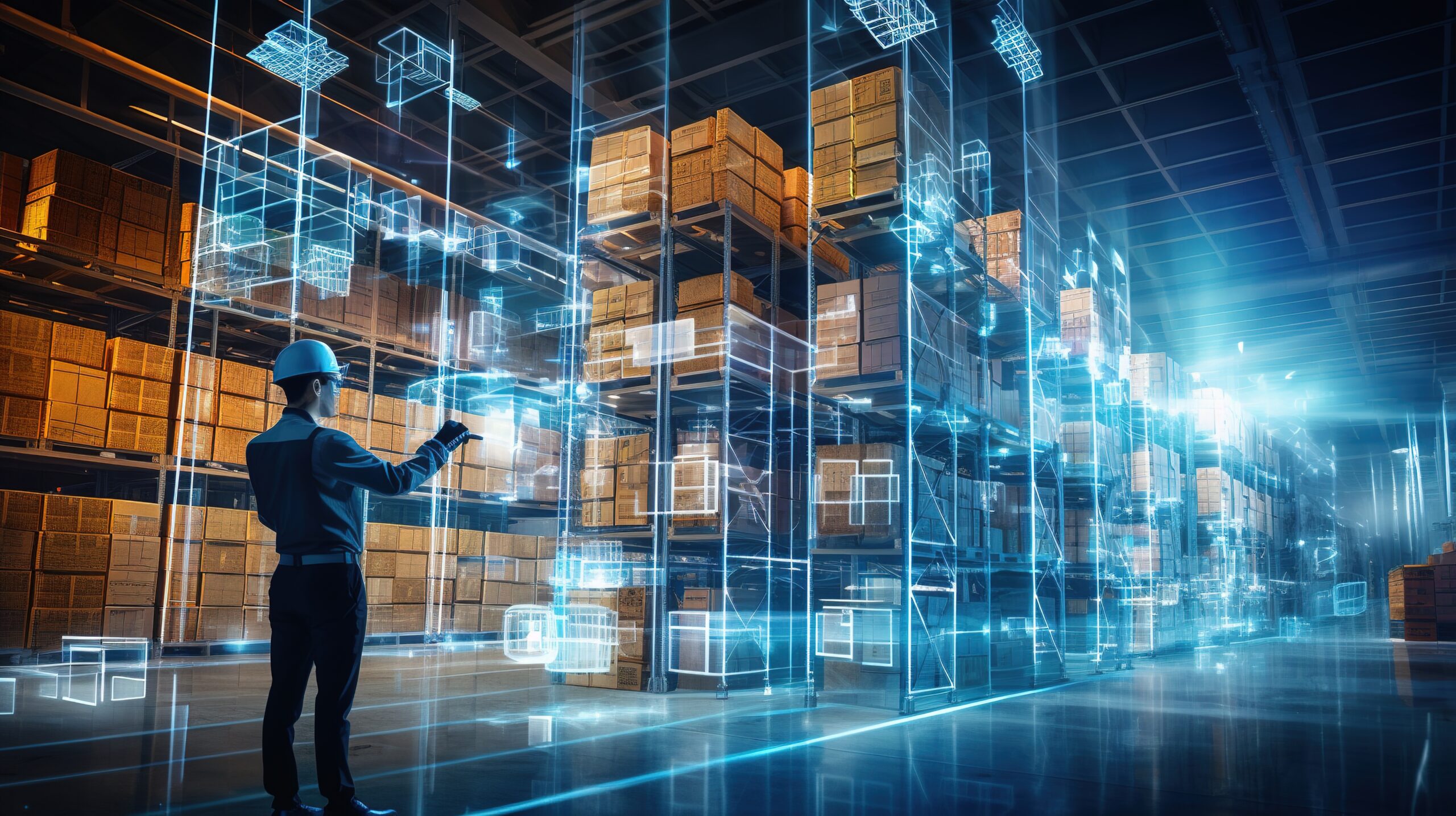 Futuristic warehouse with digital network overlay
