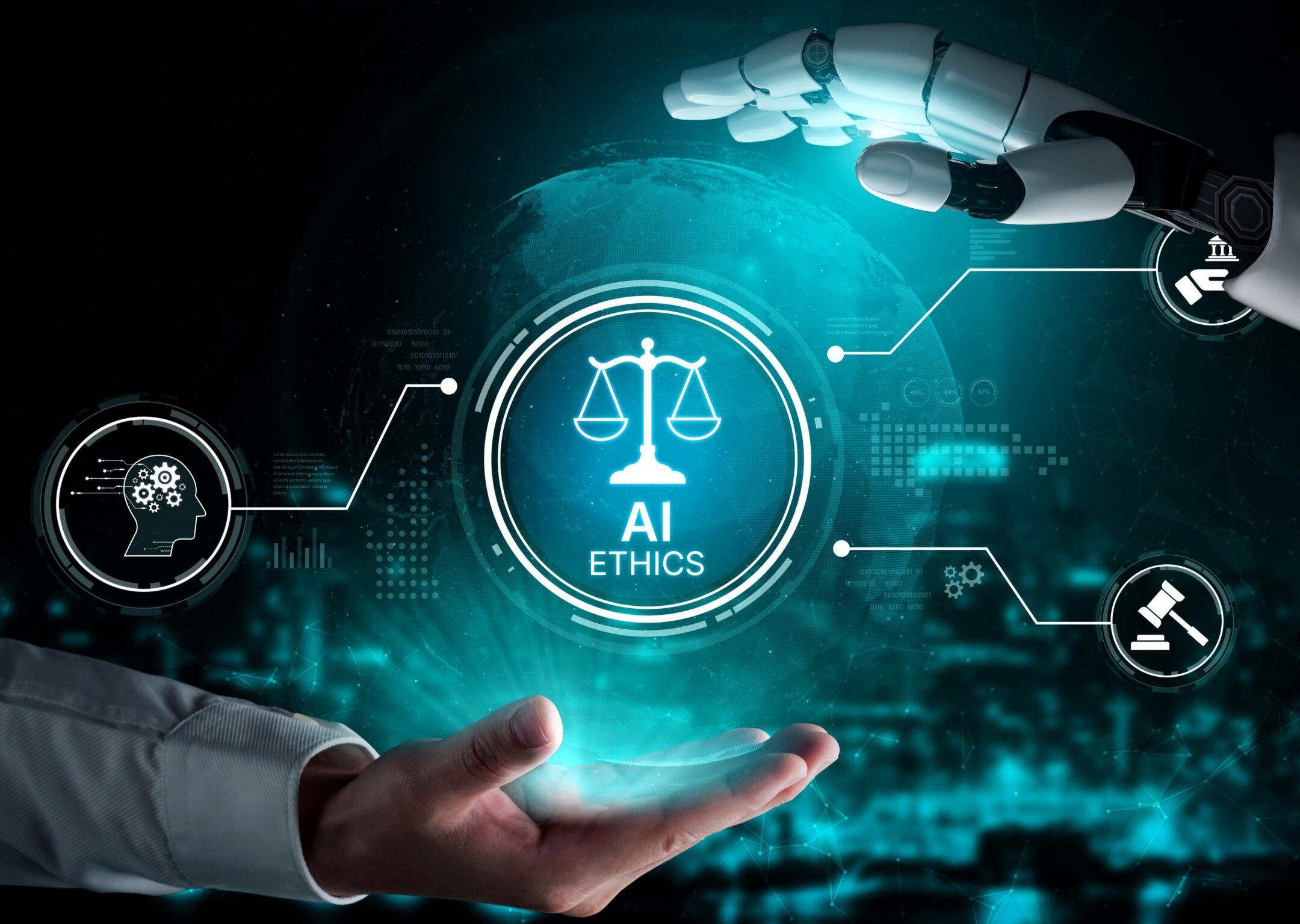 KI-Ethik: Menschliche und Roboterhand im Dialog
