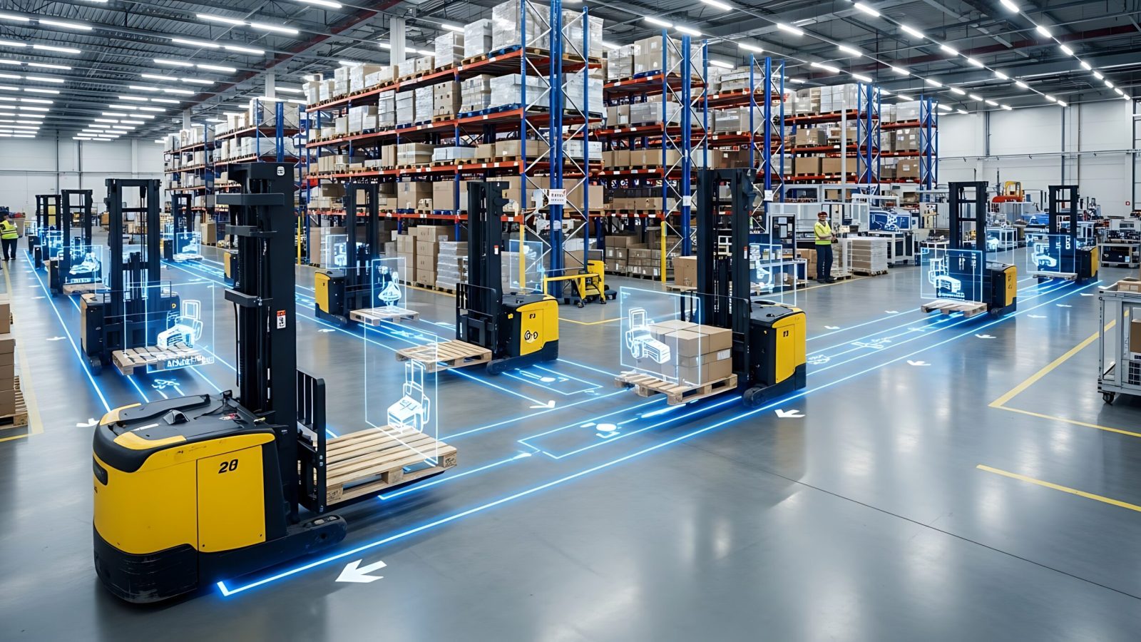Automated warehouse with robotic forklifts in operation.